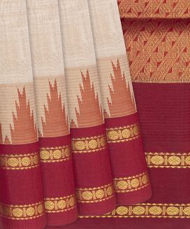 Taupe Handloom Silk Cotton Saree With Crimson Border
