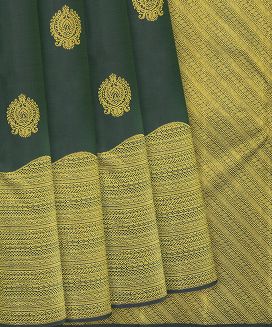 Bottle Green Handloom Kanchipuram Silk Saree With Floral Zari Buttas
