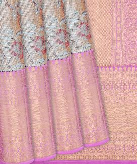 Multi Colour  Handloom Kanchipuram Silk Saree With Peacock Motifs
