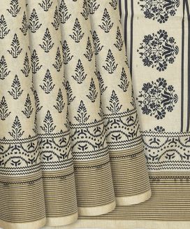 Cream Blended Dupion Saree Printed With Floral Motifs
