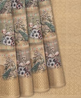 Beige Woven Blended Dupion Saree With Printed Peacock Motifs
