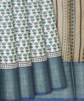 Cream Handloom Tussar Silk Saree With Printed Motifs
