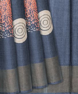 Dark Grey Handloom Tussar Silk Saree With Printed Spiral Motifs
