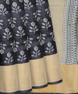 Black Handloom Tussar Silk Saree With Printed Floral Motifs
