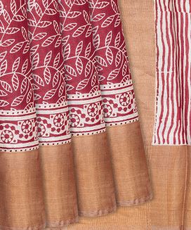 Red Handloom Tussar Silk Saree With Printed Floral Vine Motifs
