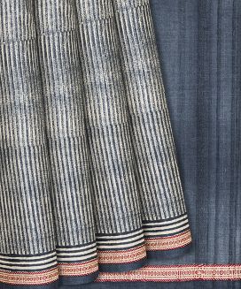 Dark Grey Handloom Tussar Silk Saree With Printed Stripes
