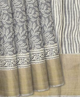 Grey Handloom Tussar Silk Saree With Printed Vine Motifs
