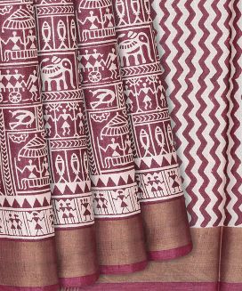Chestnut Pink Handloom Tussar Silk Saree With Printed Tribal Motifs
