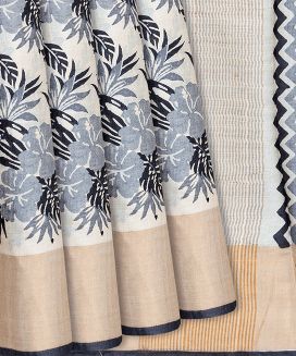 Cream Handloom Tussar Silk Saree With Printed Floral Motifs
