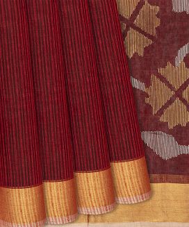 Crimson Handloom Kora Silk Saree With Stripes
