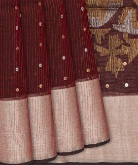 Maroon Handloom Kora Silk Saree With Stripes

