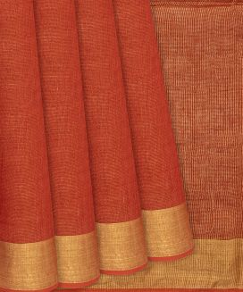 Red Handloom Linen Tissue Saree With Zari Border
