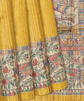 Yellow Handloom Tussar Silk Saree With Printed Peacock Motifs 
