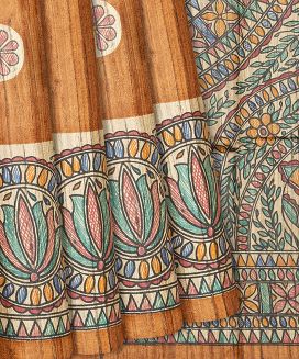 Rust Handloom Tussar Silk Saree With Printed Lotus Motifs 
