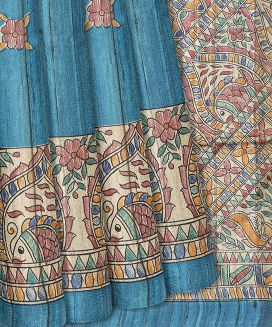Turquoise Handloom Tussar Silk Saree With Printed Fish Motifs 
