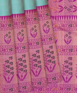 Turquoise Handloom Kanchipuram Korvai Silk Saree With Dotted Motifs
