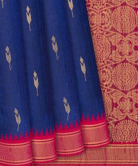 Blue Handloom Dupion Silk Saree With Floral Motifs
