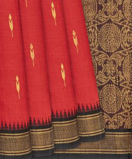 Red Handloom Dupion Silk Saree With Floral Motifs
