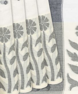 White Handloom Bengal Cotton Saree With Kamalam Motifs
