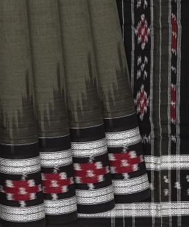 Dark Grey Handloom Orissa Cotton Saree With Tie & Dye Border

