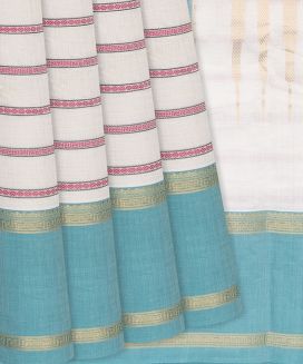 White Handloom Kanchi Cotton Saree With Stripes
