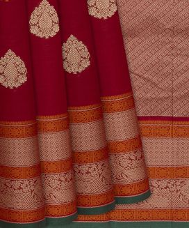 Red Handloom Kanchi Cotton Saree With Floral Motifs
