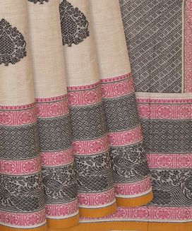 Taupe Handloom Kanchi Cotton Saree With Floral Motifs
