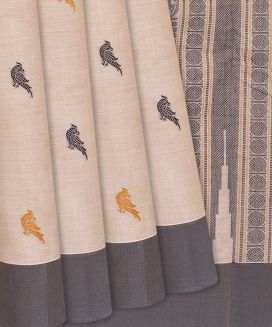 Taupe Handloom Kanchi Cotton Saree With Parrot Motifs
