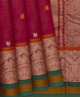 Crimson Handloom Kanchi Cotton Saree With Mango Motifs
