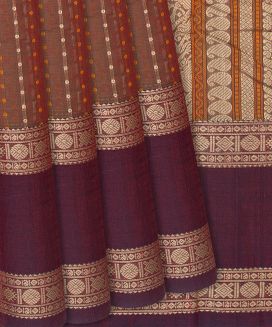 Brown Handloom Kanchi Cotton Saree With Dotted Stripes
