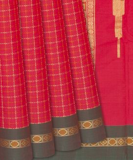 Red Handloom Kanchi Cotton Saree With Dotted Checks

