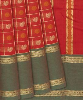 Red Handloom Kanchi Cotton Saree With Annam Motif Checks
