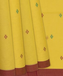 Yellow Handloom Bengal Cotton Saree With Square Motifs
