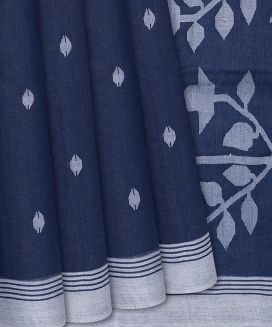 Navy Blue Handwoven Dhakai Cotton Saree With Buttas
