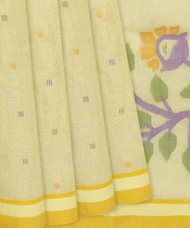 Yellow Handwoven Dhakai Cotton Saree With Square Buttas
