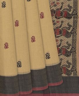 Sandal Handloom Bengal Cotton Saree With Floral Motifs
