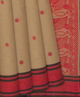 Sandal Handloom Bengal Cotton Saree With Chakaram Motifs
