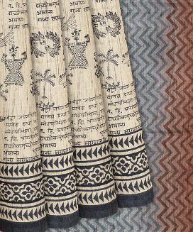 Beige Handloom Tussar Silk Saree With Printed Tribal Motifs
