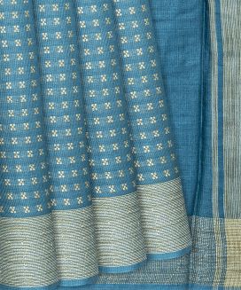 Steel Blue Woven Tussar Silk Saree With Cross Motifs
