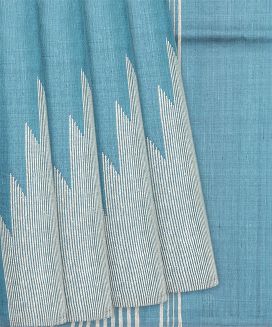 Steel Blue Woven Tussar Silk Saree With Temple Border
