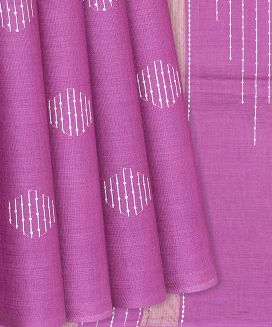 Hot Pink Woven Tussar Silk Saree With Stripes Buttas
