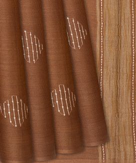 Brown Woven Tussar Silk Saree With Embroidered Stripes
