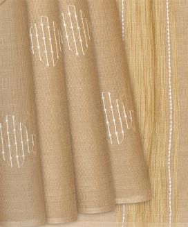 Beige Woven Tussar Silk Saree With Embroidered Stripes
