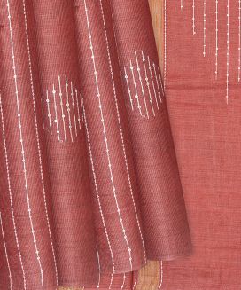 Dark Peach Woven Tussar Silk Saree With Embroidered Stripes
