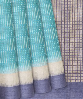 Turquoise Handloom Tussar Silk Saree With Dotted Stripes
