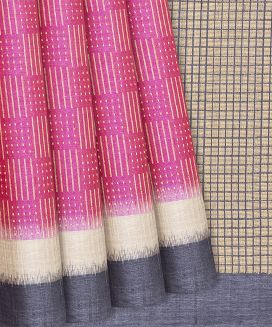 Hot Pink Handloom Tussar Silk Saree With Dotted Stripes
