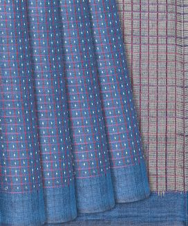 Steel Blue Handloom Tussar Silk Saree With Checks
