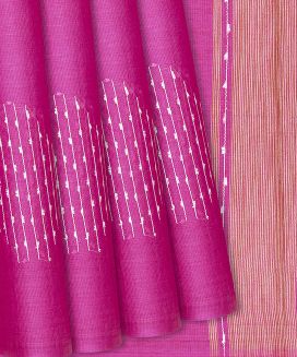 Hot Pink Woven Tussar Silk Saree With Diamond Stripes
