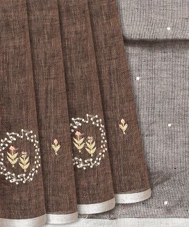 Brown Handloom Linen Saree With Floral Butta Embroidery
