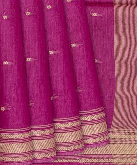 Hot Pink Woven Tussar Silk Saree With Button Motifs
